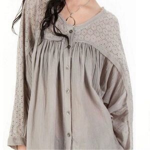FREE PEOPLE Two to Tango Gray Button Up Eyelet Lace Shirt Top Size S